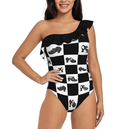 Fluevog Bw Checker Pattern One Shoulder Ruffle Swimsuits One Piece Swimsuit Women Swimwear Beach Bathing Wear Black And White