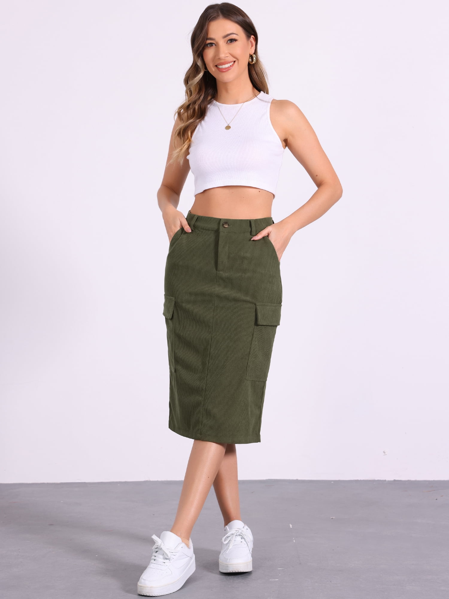 DARING DIVA Corduroy Cargo Skirts for Women's Elastic Back Midi Skirt S Army Green