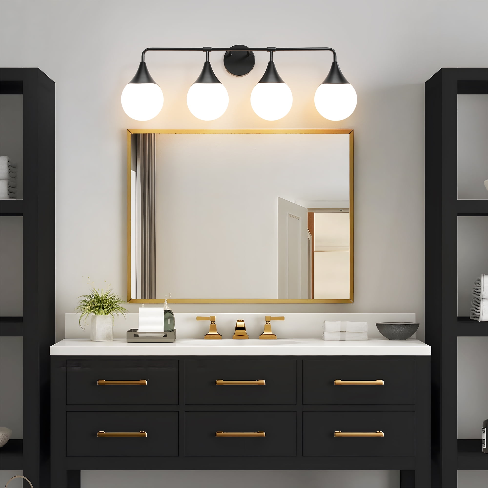 Bathroom Vanity Light 4-Lights Bathroom Lighting Fixtures Over Matte Black Wall Sconces with Frosted Globe Glass for Hallway Restroom