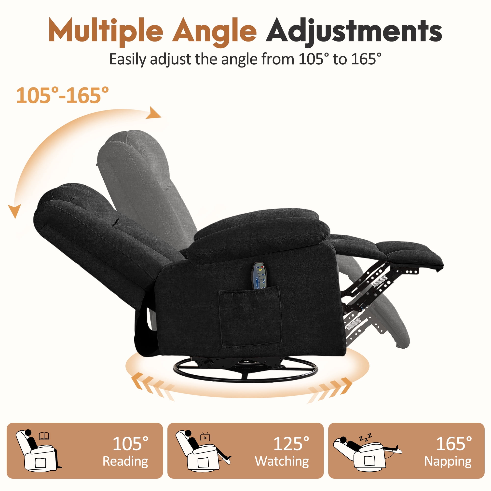 Korser 360°Swivel Rocker Recliner with Massage and Heating,Rocker Recliner Chair for Adults with Side Pockets Nursery Glider Recliner for Living Room,Chenille,Black