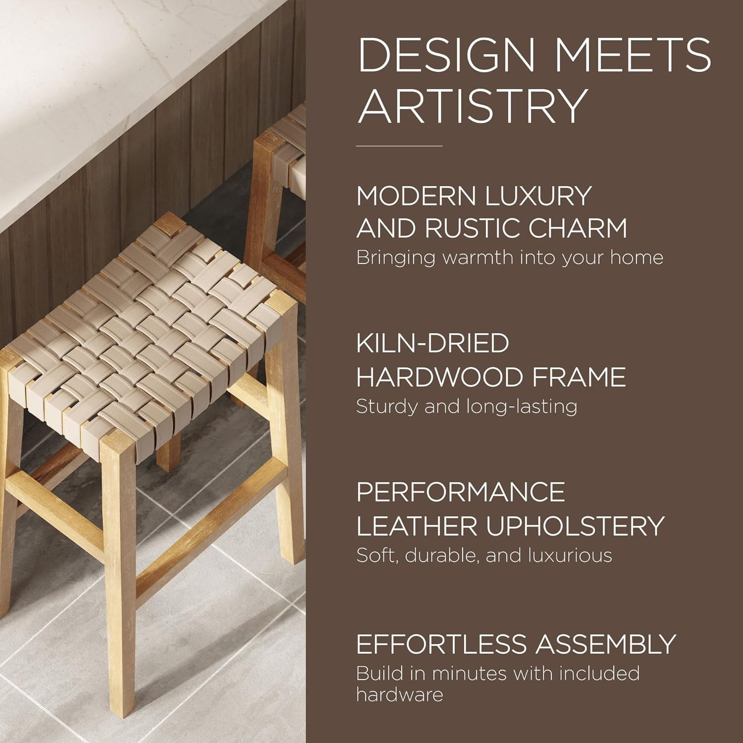 Maven Lane Emerson Bar Stool in Weathered Natural Wood Finish with Avanti Bone Vegan Leather