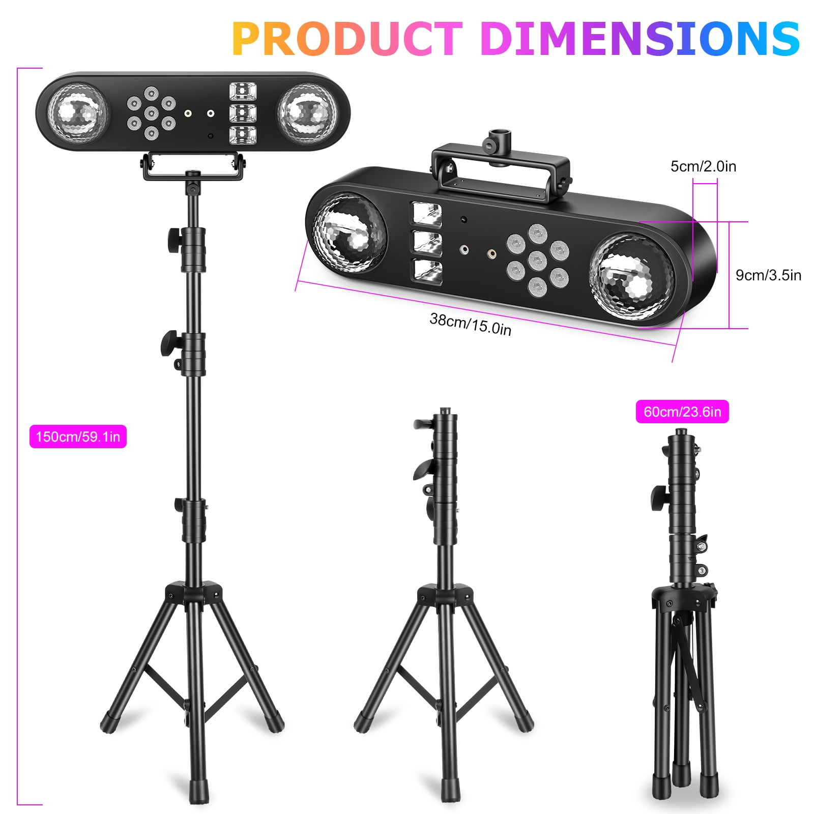 JAJALUYA DJ Light with Stand 5-in-1 Rotating RGB Balls & Remote – UV LED, Strobe, Sound-Activated Lighting for Parties, Weddings, Disco Clubs