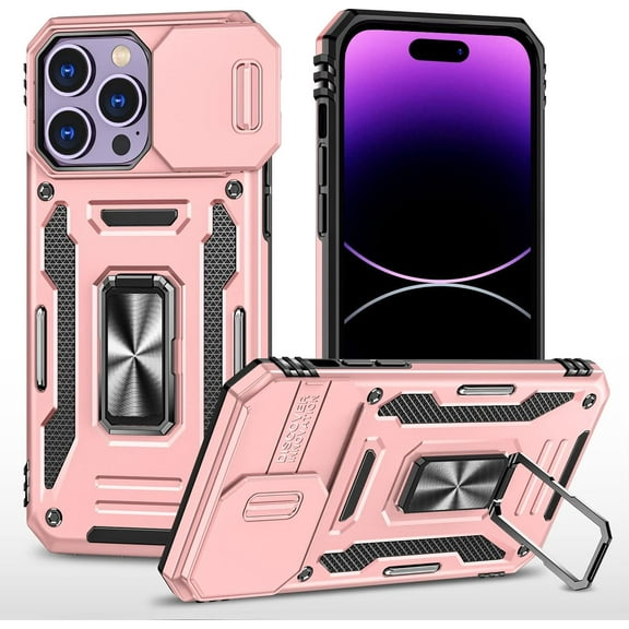 14 Pro Max Case,14 Pro Max Case with Camera Cover, Heavy Duty Shockproof Protective,with 360° Ring Kickstand case for iPhone 14 pro max Rose Gold