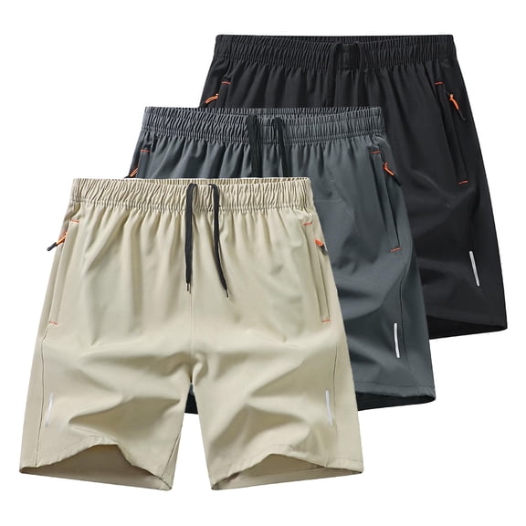 LONKITO 3 Pack Mens Shorts Elastic Waist Lightweight Summer Shorts with Zipper Pockets for Casual Beach Running, Size M