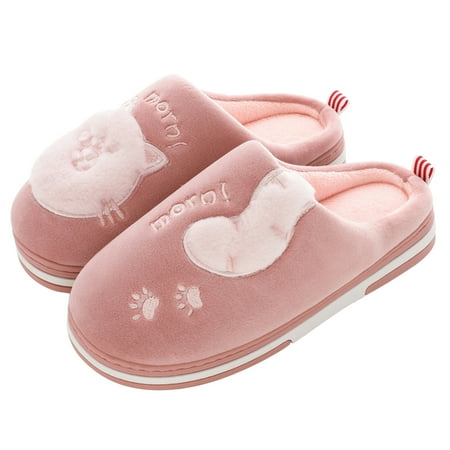 

NEGJ Couples Women Slip On Furry Plush Flat Home Winter Round Toe Keep Warm Cartoon Cat Slippers Shoes