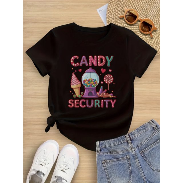Camiseta de manga corta 100 % algodón para niña - Estampado gráfico Candy Security, cuello redondo, cómoda para todo el año, corte regular (6-14 años), ropa para niña, colores vibrantes