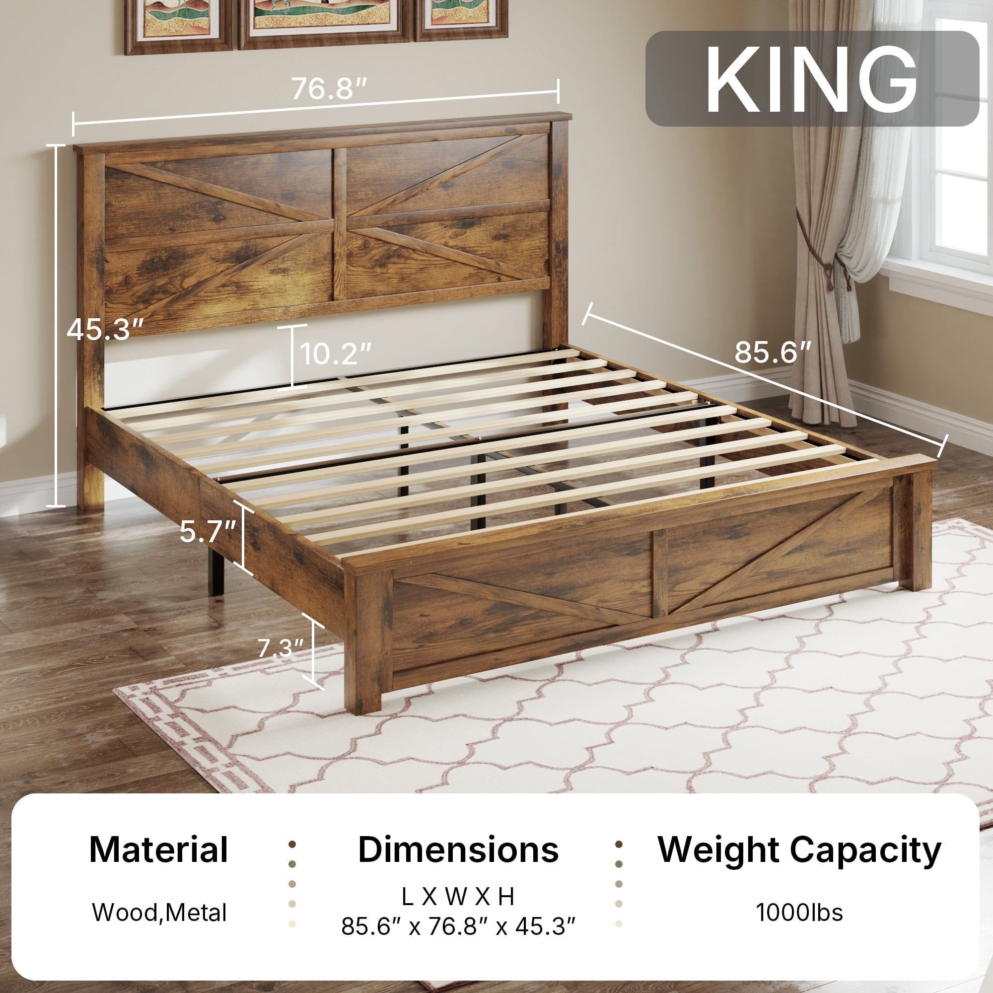 BSHTI King Bed Frame with Wooden Headboard, Country and Farmhouse Style, Brown
