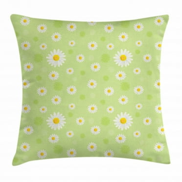 Yellow and Green Throw Pillow Cushion Cover, Kind and Lovely Springtime Theme with Vivid Daisies, Decorative Square Accent Pillow Case, 16 X 16 Inches, Pistachio Green Marigold White, by Ambesonne