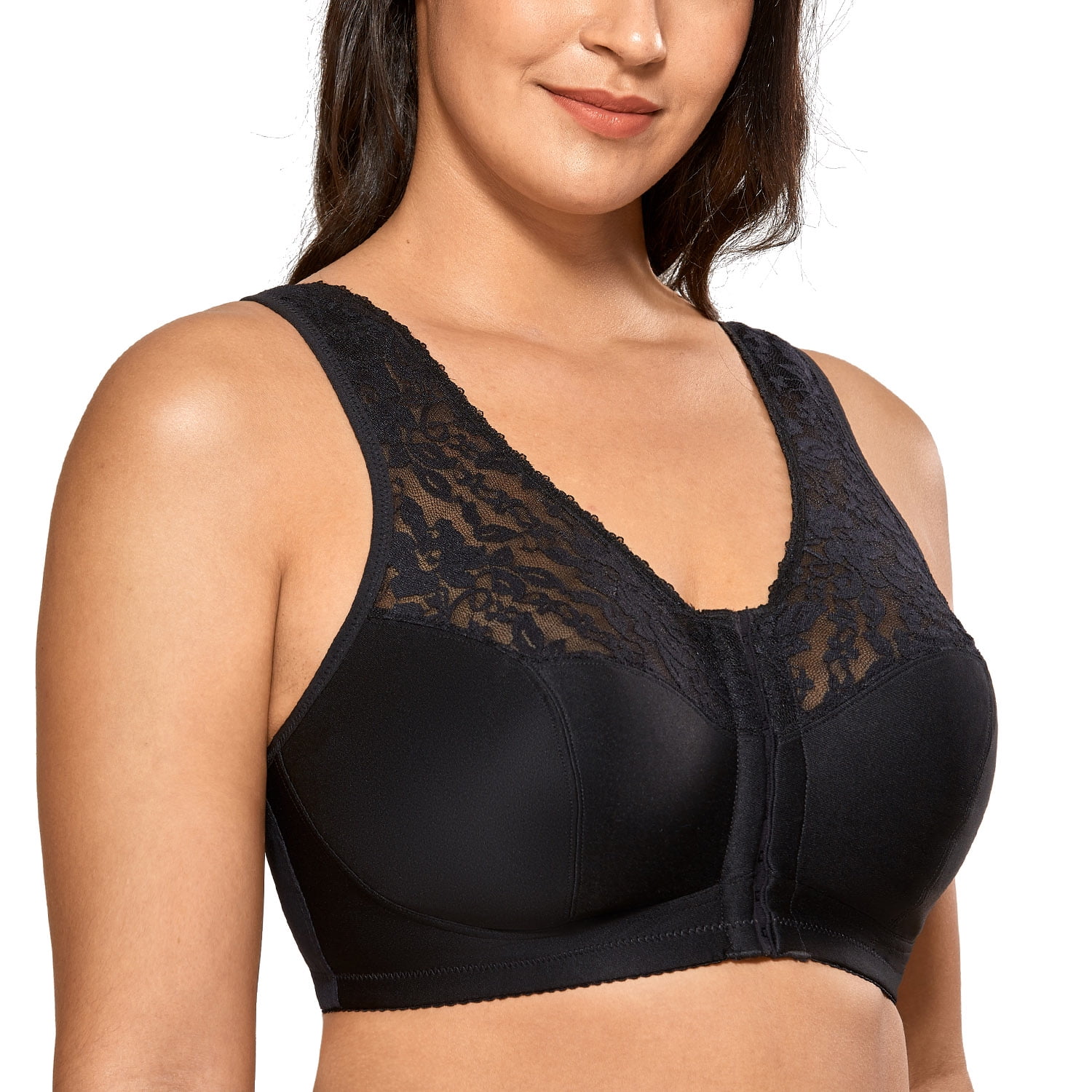 DELIMIRA Women's Front Closure Bras Racerback Wireless Plus Size Full  Coverage Lace Bra 