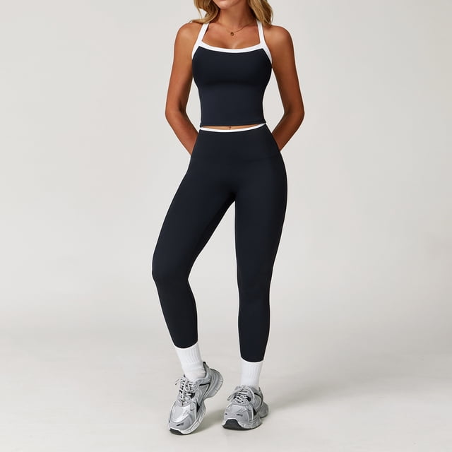 AEXTO Two Piece Color Block Womens Workout Sets Cross Back Tank Top Matching High Waist Leggings Sets Gym Outfits Activewear