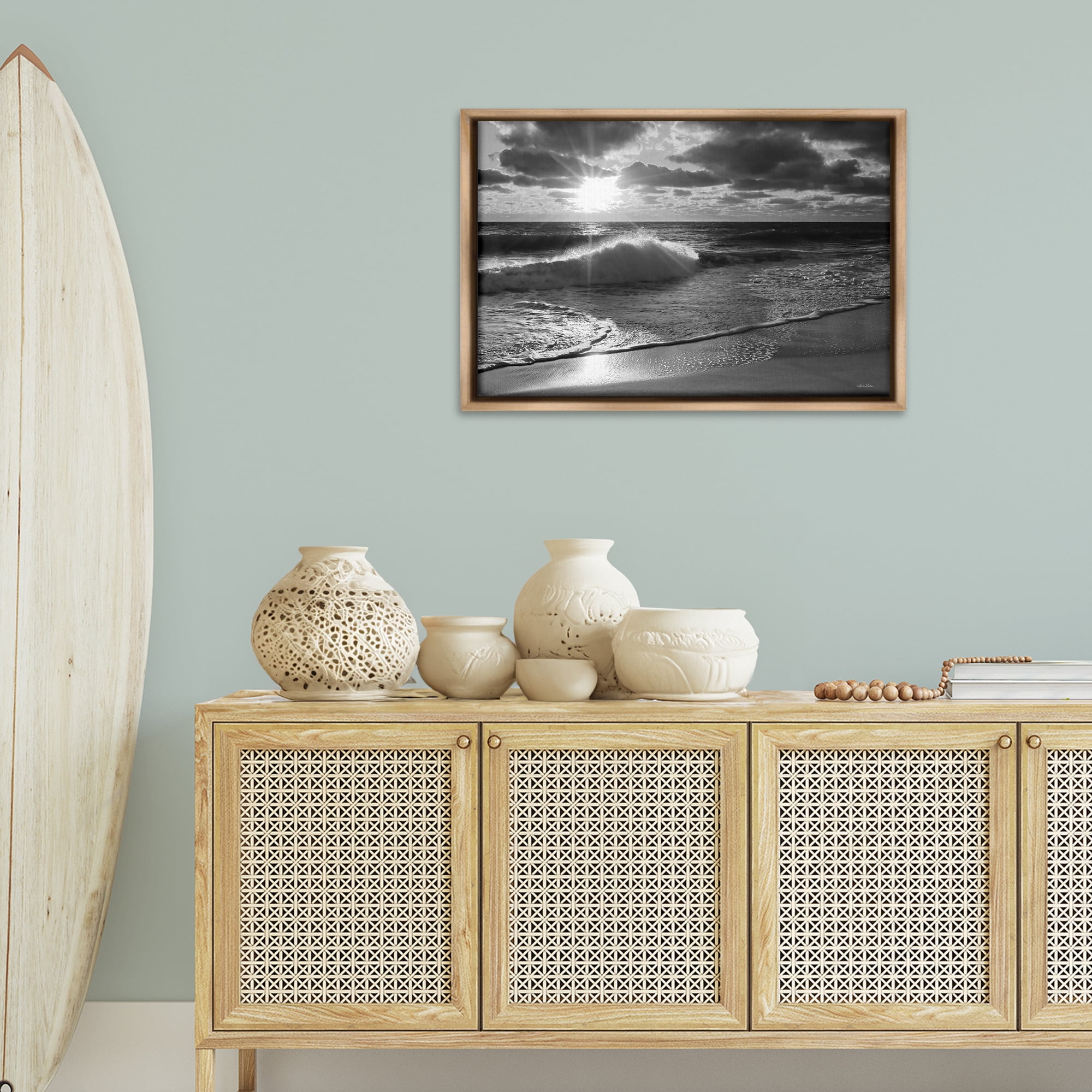 Stupell Industries Sunset Crashing Wave Landscape Photography Brown Floater Framed Canvas Art Print Wall Art, 31 x 21