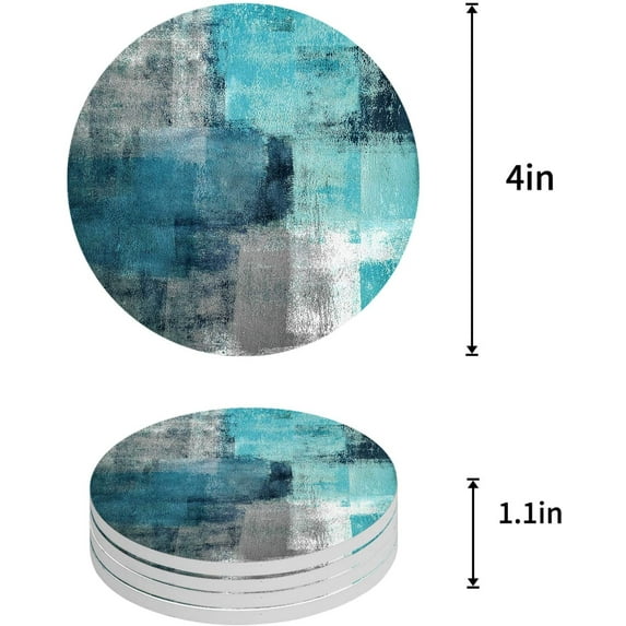 FMSHPON Oil Painting Style Abstract Geometric Blue Set of 4 Round Coaster for Drinks, Absorbent Ceramic Stone Coasters Cup Mat with Cork Base for Home Kitchen Room Coffee Table Bar Decor