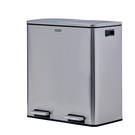 Narrow Recycle Bin Superio - Large Dual Stainless-Steel Garbage & Separate Recycling Bin | Sleek Minimalism Modern Indoor Trashcan Design | Two Easy Open Step Foot Pedals with Double Compartments | Odor Blocking Lids ()