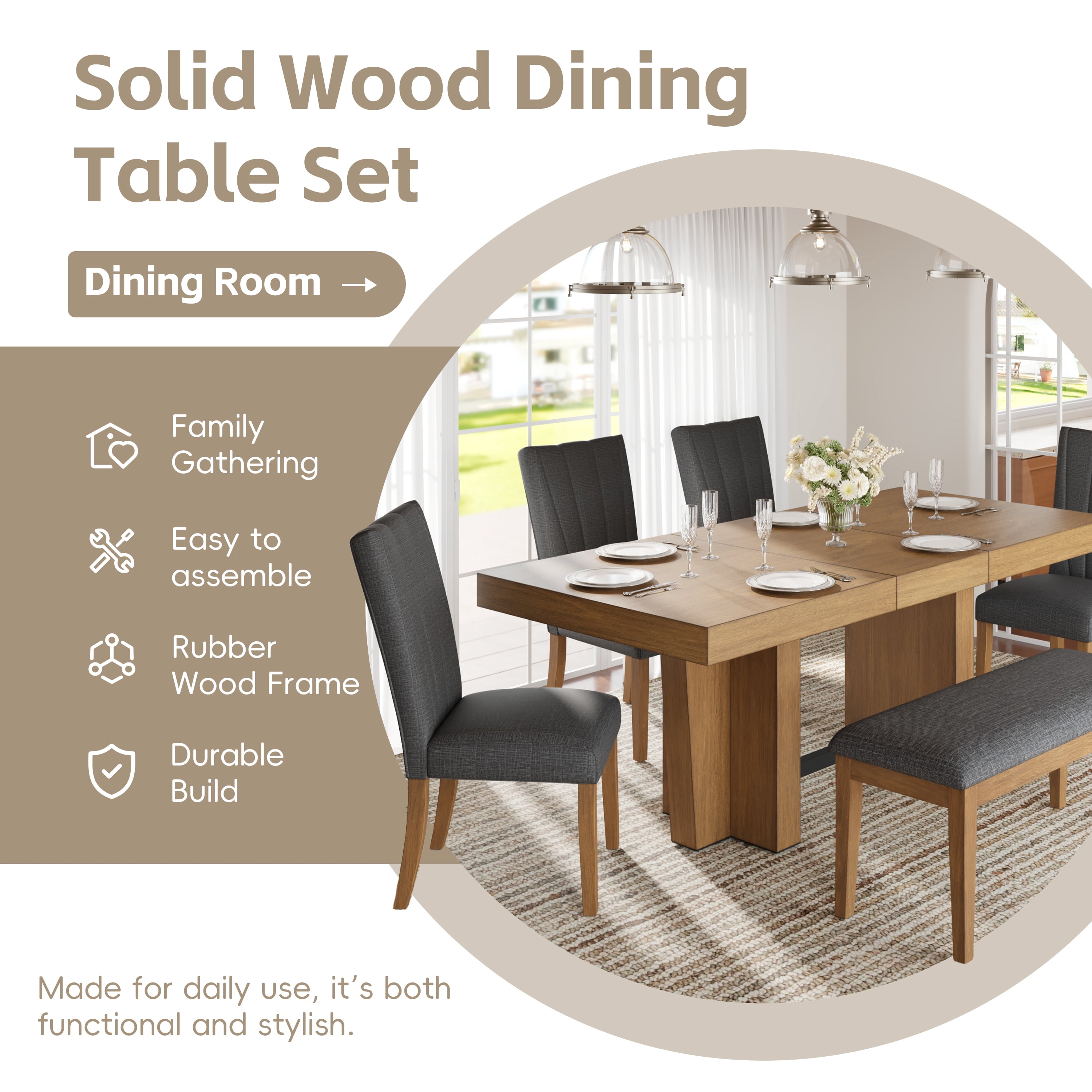 6 Piece Dining Table Set for 6, 58"-76" Extendable Dining Table with Bench and 4 Upholstered Chairs