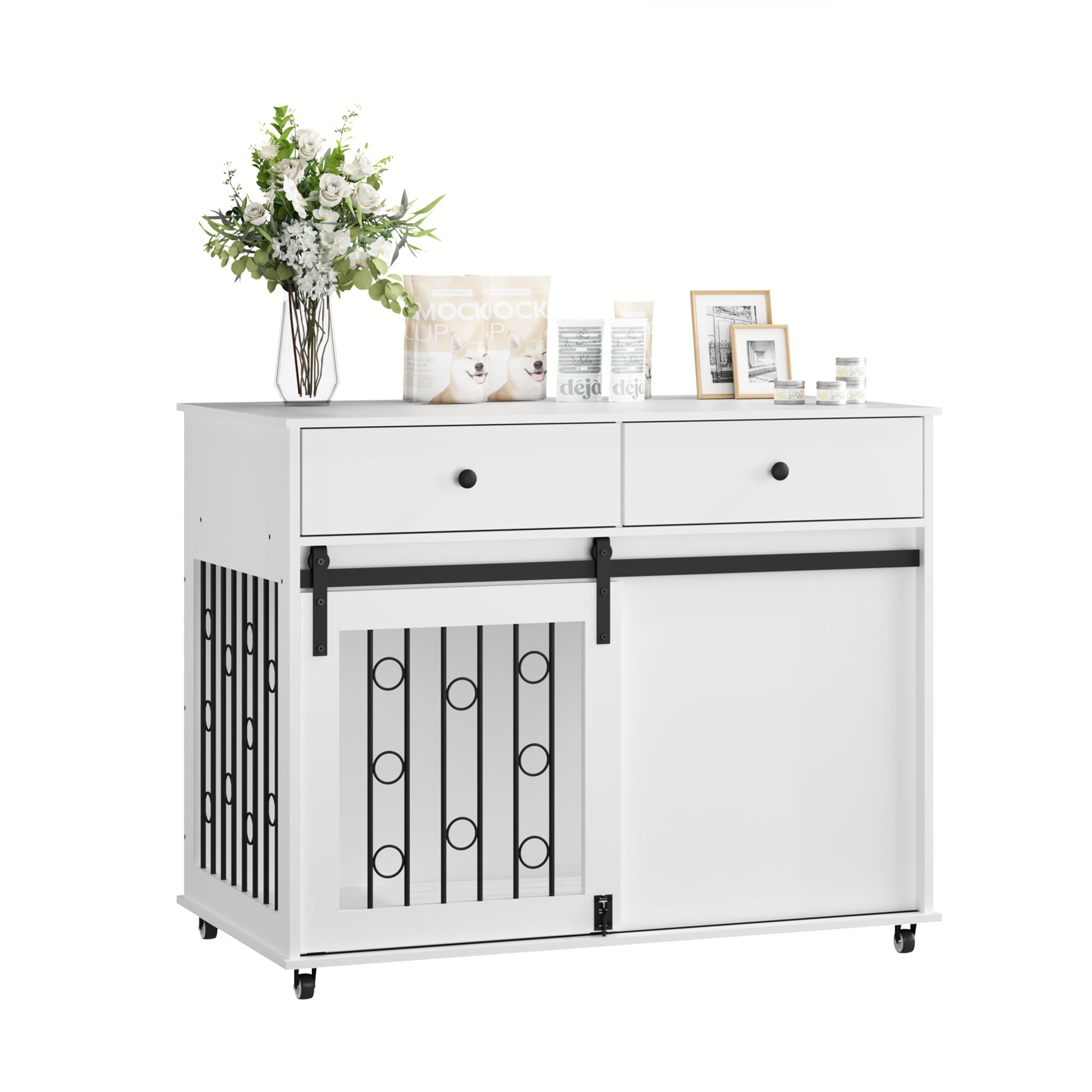 Noble House 39.37" Modern Dog Crate Furniture with Sliding Barn Door and Drawers, Pet Kennel with Lockable Wheels, White