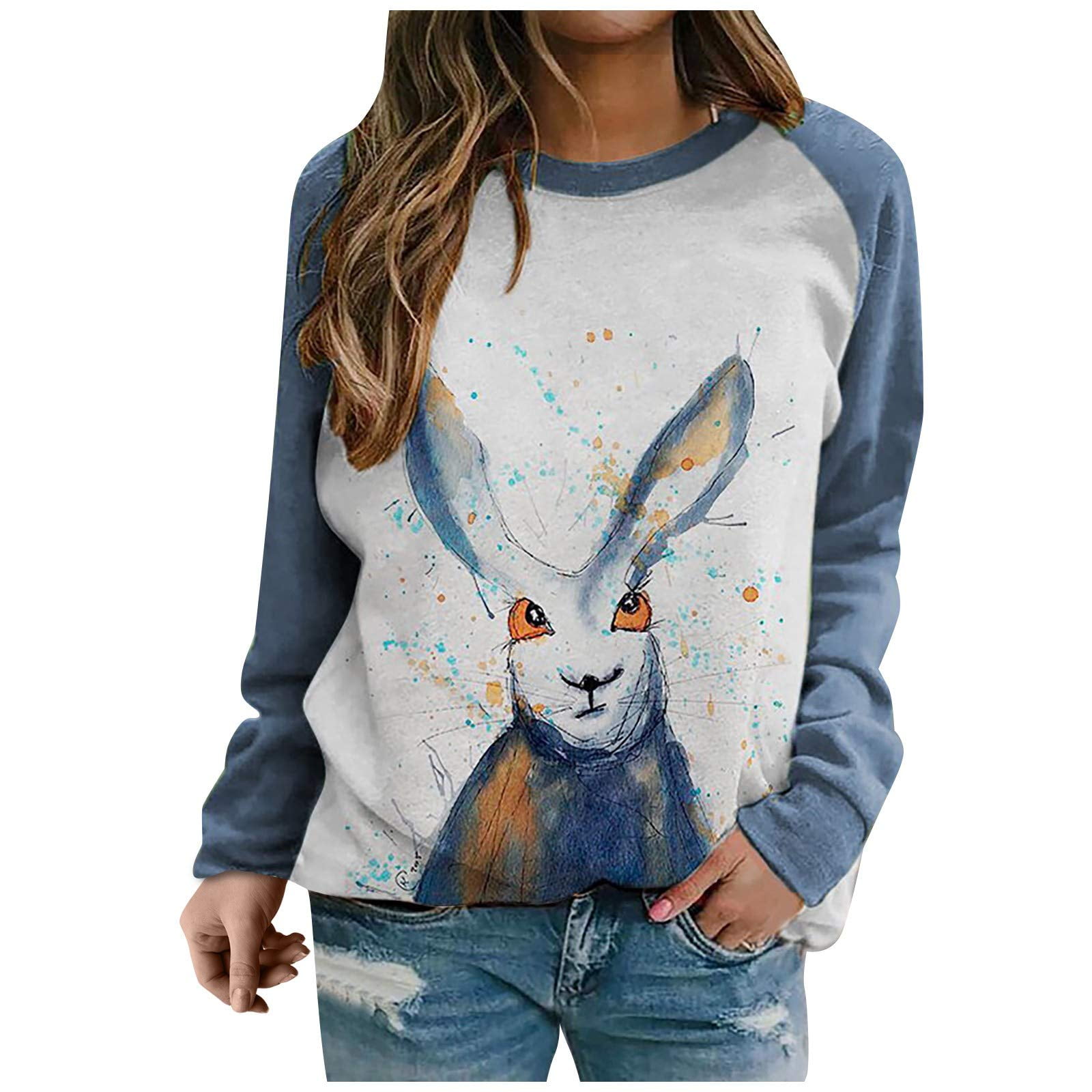 Cathery Women's Easter Sweatshirts Bunny Printed Long Raglan Sleeve ...