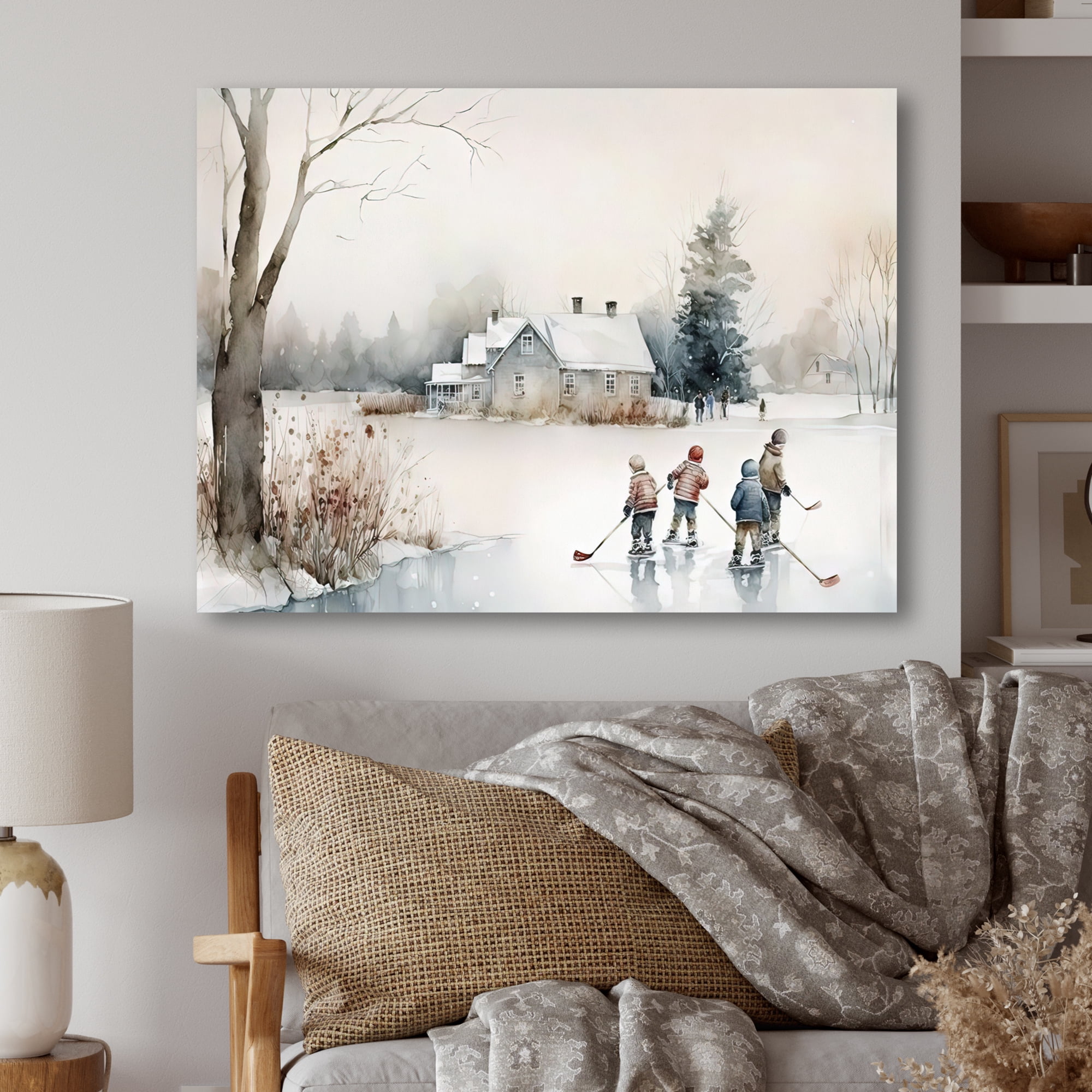 Designart Kids Playing Hockey In Winter II Canvas Wall Art
