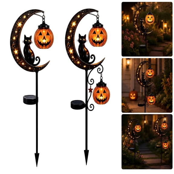 Solar Halloween Garden Stake Light with Black Cat & Pumpkin Lanterns,Waterproof LED Crescent Moon Yard Decoration for Garden,Patio,Walkway & Porch