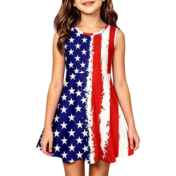 Bainana 4Th Of July Dress For Girls Sleeveless Star Striped Sundress USA Anniversary Celebration Patriotic Dress For Toddler And Teens 3-4 Years Blue