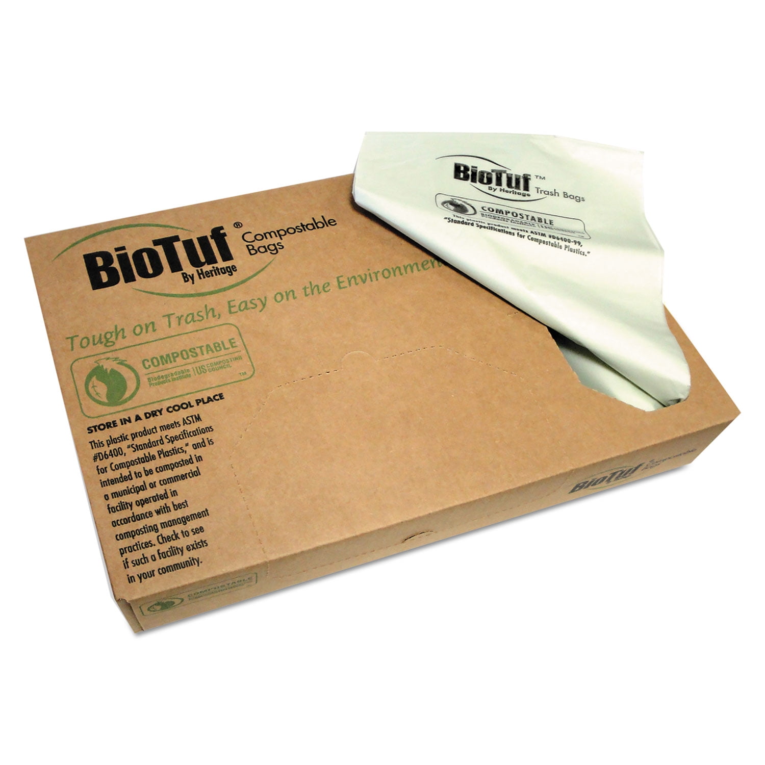 Biotuf Compostable Can Liners 13 gal, 0.88 mil, 24" x 32", Green, 200/Carton