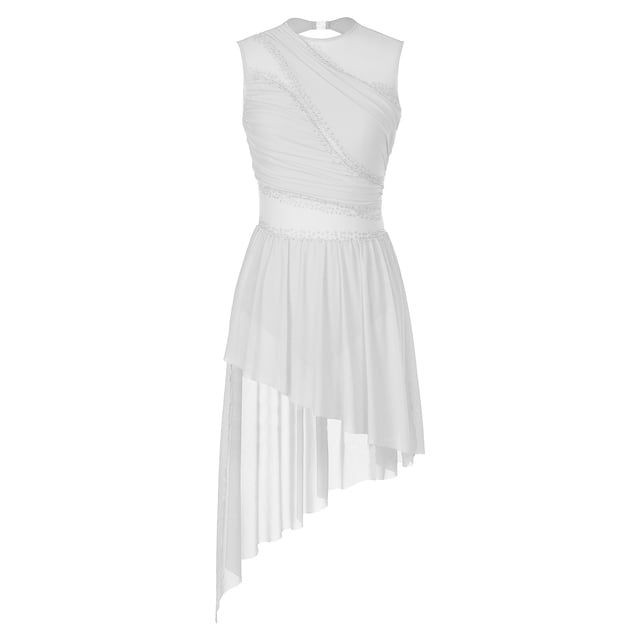 RUNQHUI Costume de Danse Lyrique pour Femmes Robe de Patinage Sans Manches en Chiffon Fluide Bas Justaucorps Blanc TTG