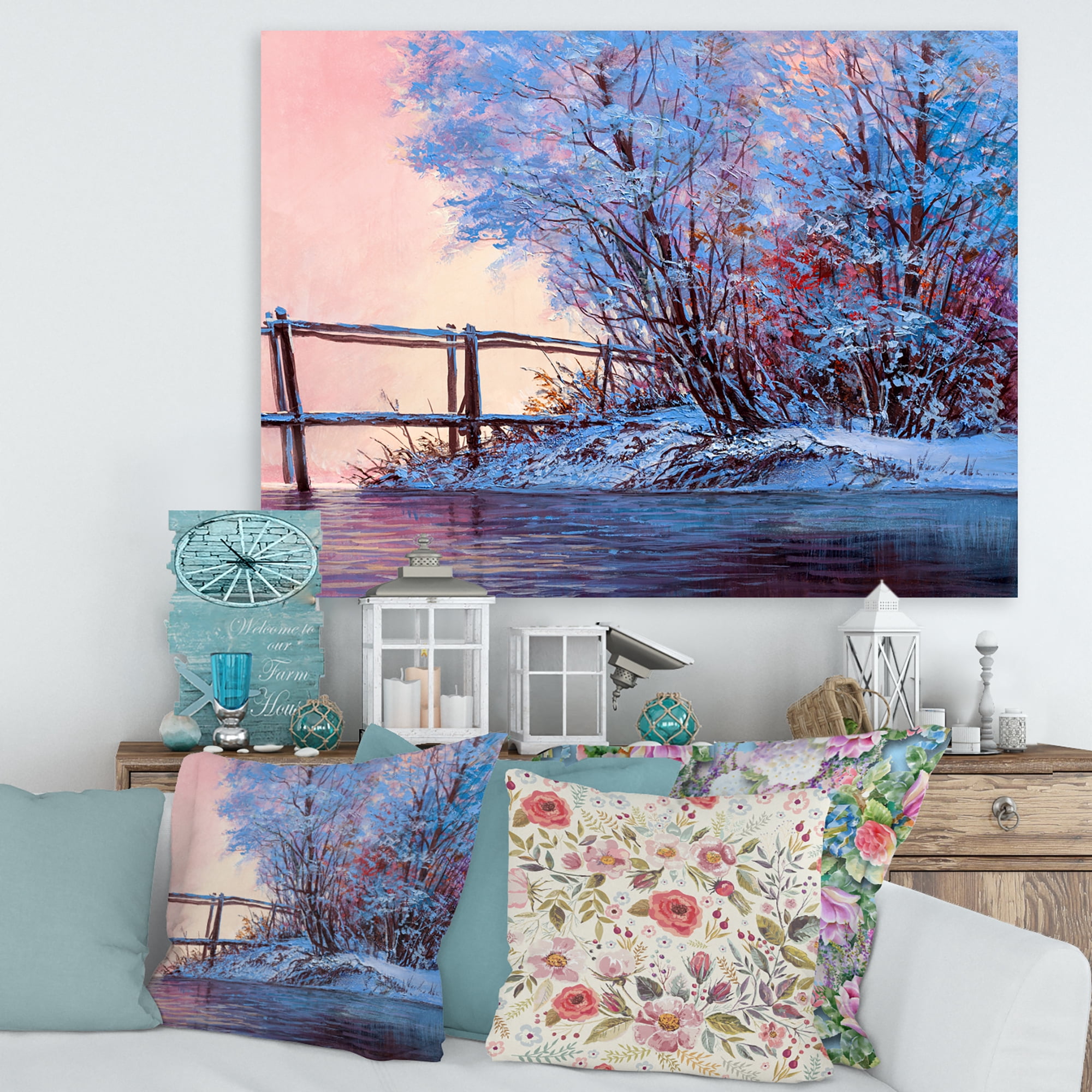 Designart ' Bridge Of Meandering River With Winter Scenery I ' Lake House Canvas Wall Art Print