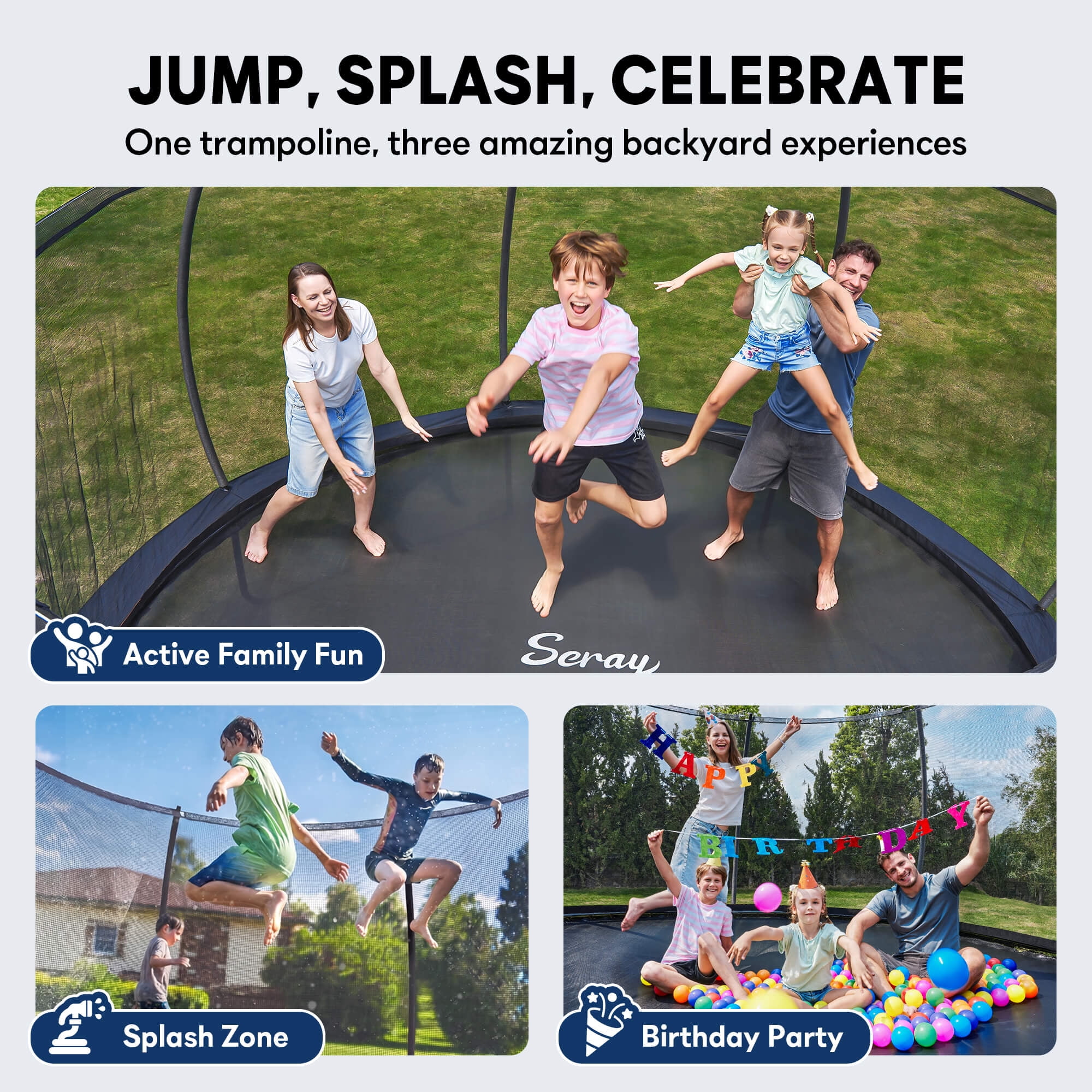 SERAY 10FT, 12FT, 14FT Outdoor Trampoline with Safety Enclosure Net, Ladder and Rust-Resistant Frame, ASTM Certified Backyard Trampoline for Kids and Adults