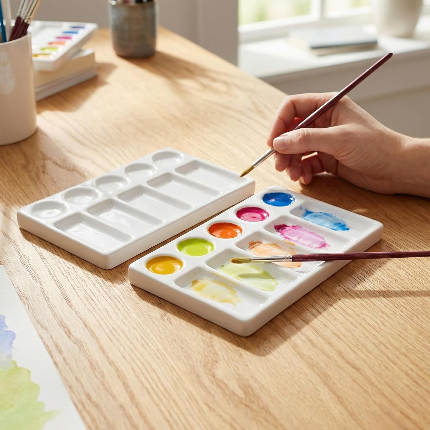 Xlhshop 2-Pack 10-Well Ceramic Paint Palettes, Rectangular Mixing Trays for Watercolor & Acrylic