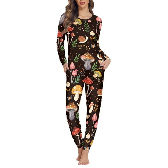 SCRAWLGOD Mushroom Pajamas Set of 2 Pjs Sets for Women Sleepwear Long Sleeve Pajama Set with Pockets Ladies Jogger Pjs Set Size XS Elastic Women Lounge Set Fall