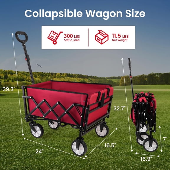 Collapsible Foldable Wagon with Tailgate Extended, 300lbs Heavy Duty Portable Lightweigh Utility Folding Wagon Cart for Grocery, Camping, Garden, Fishing