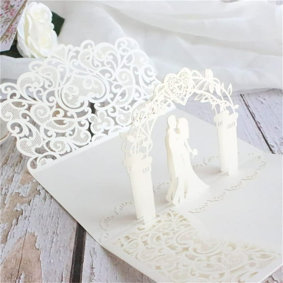 10sets 3D Pop Up Bride And Groom White Wedding Invitation Card Laser Cut Pocket Floral Engagement Invitations with Envelope & Inner Paper