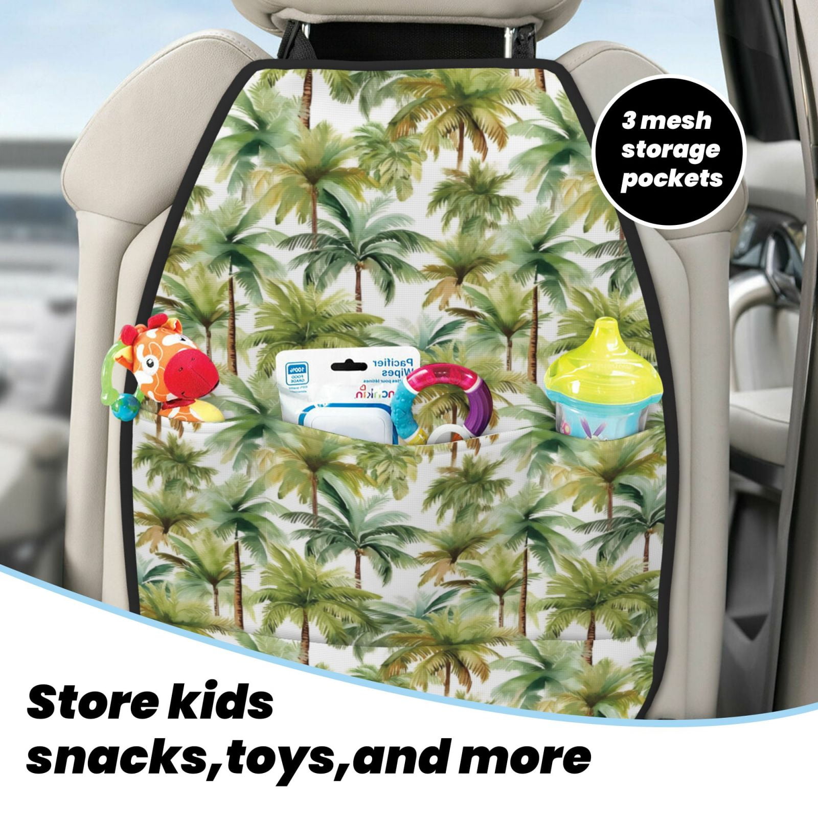Xecao Green Hawaii Palms Pattern Car Seat Back Protector 2 Pack Large Capacity Pocket, Kick Mats Back Seat Protector