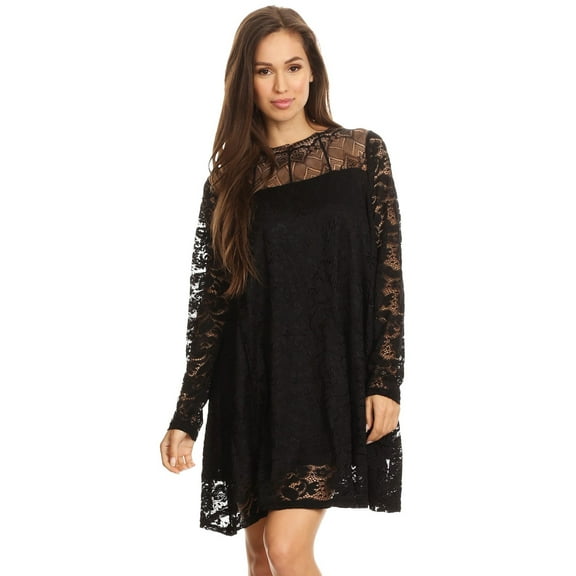 High Secret Women's Black Floral Lined Lace Long-Sleeve Mini Dress