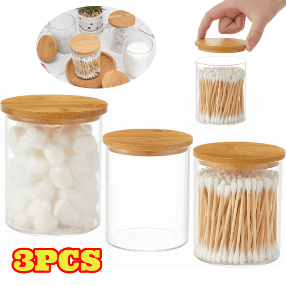 3pcs Glass Qtip Holder Dispenser, Clear Glass Apothecary Jars, Bathroom Vanity Canisters Organizer Jars for Cotton Swabs, Balls, Rounds, Pads, Floss