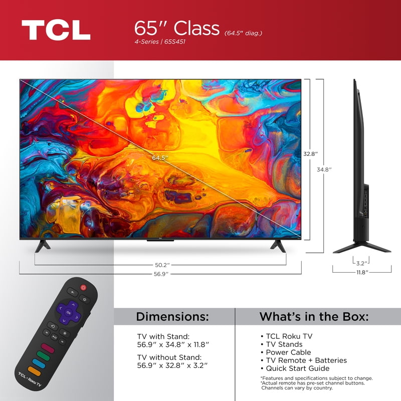TCL 65” Class S4 (65S451) 4K UHD HDR Smart TV with Roku TV color options