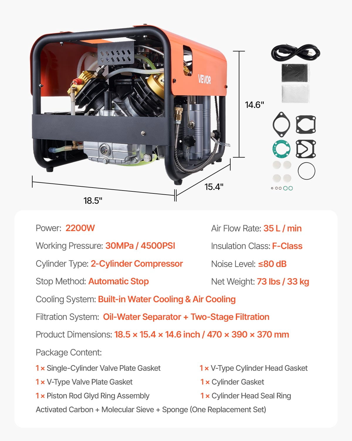 VEVOR PCP Air Compressor, 4500PSI/30Mpa Diving Scuba Tank Air Compressor, Double Cylinder Auto-Stop PCP Diving Compressor with Built-in Water & Fan Cooling System for Paintball,Air Rifle,Scuba Tanks