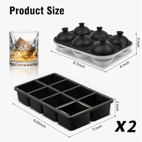 Premium Ice Tray Combo (16 Ice Cubes/6 Ice Ball), Large Ice Sphere Maker & New Upgraded Ice Cube Trays, Food Grade, Spill-Free Integrated Funnels, Whiskey Bourbon Cocktails, Black