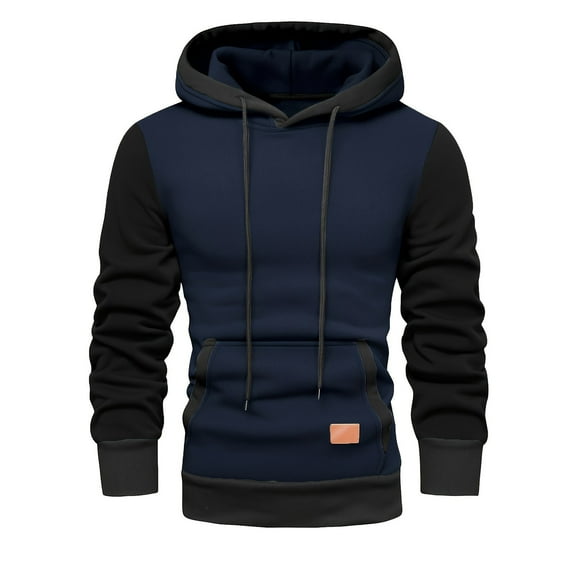 XIAONU Men's Fleece Athletic Hoodies Fall Winter Thickened Outdoor Top Color-Block Workout Hoodie With Pocket Navy XL