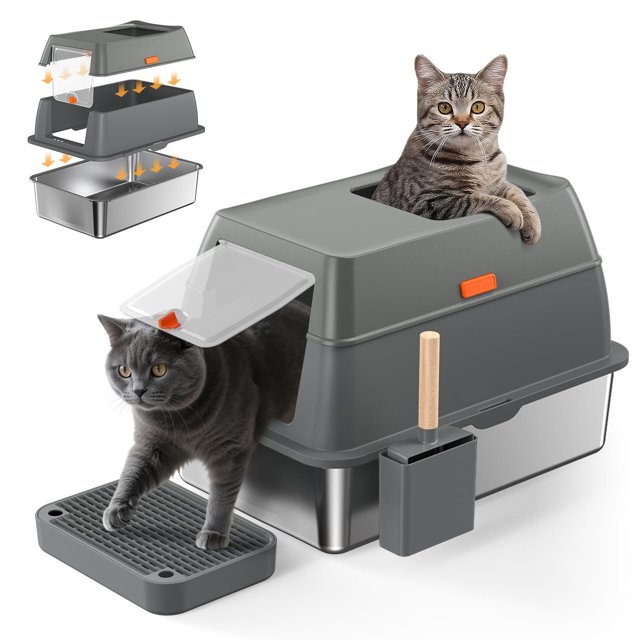Caja de Arena para Gatos,Arenero para Gato Inoxidable con Tapa,Arenero Grande para Gato con Cuchara y Filtro