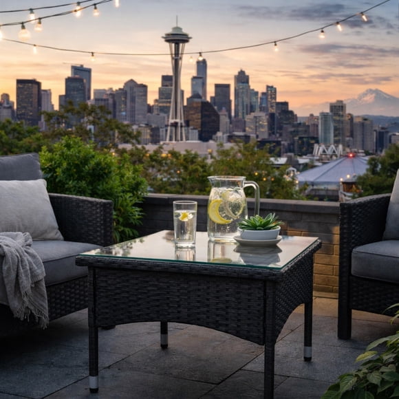 CorLiving Parksville Resin Wicker and Steel Square Outdoor End Table with Glass Top, Black