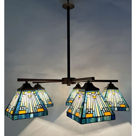 Tiffany Chandelier 5-Light, 7" Lampshade Mission Style Stained Glass Large Pendant Light Fixture