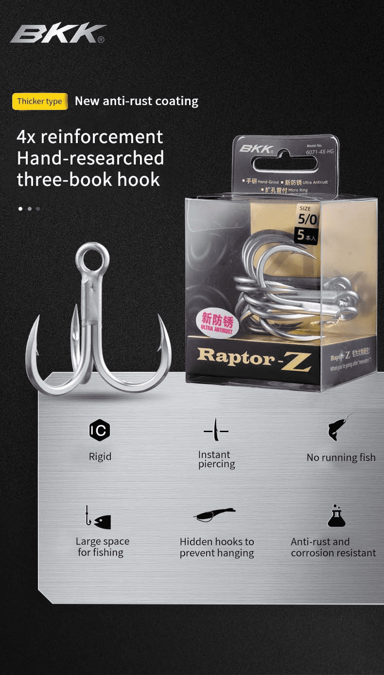 5Packs BKK Raptor-Z 6071-4X-HG Treble Fishing Hooks 4# 2# 1# 1/0# 2/0# 3/0# 4/0# 5/0# Sea Fishing Big games Anti-Rust Coating