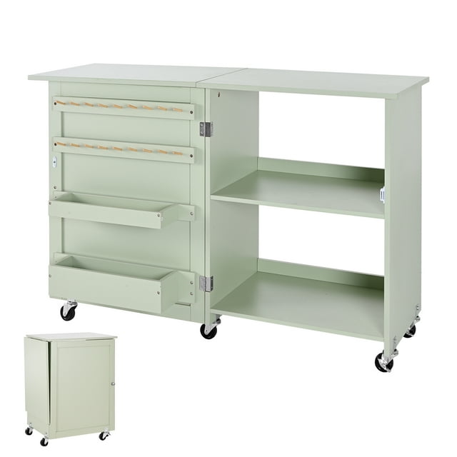 KFFKFF Table de Couture Pliante, Table de Machine à Coudre Polyvalente au Design Compact, Roues, Chevilles en Bois, Plateaux de Rangement et Tablette, Vert Pâle