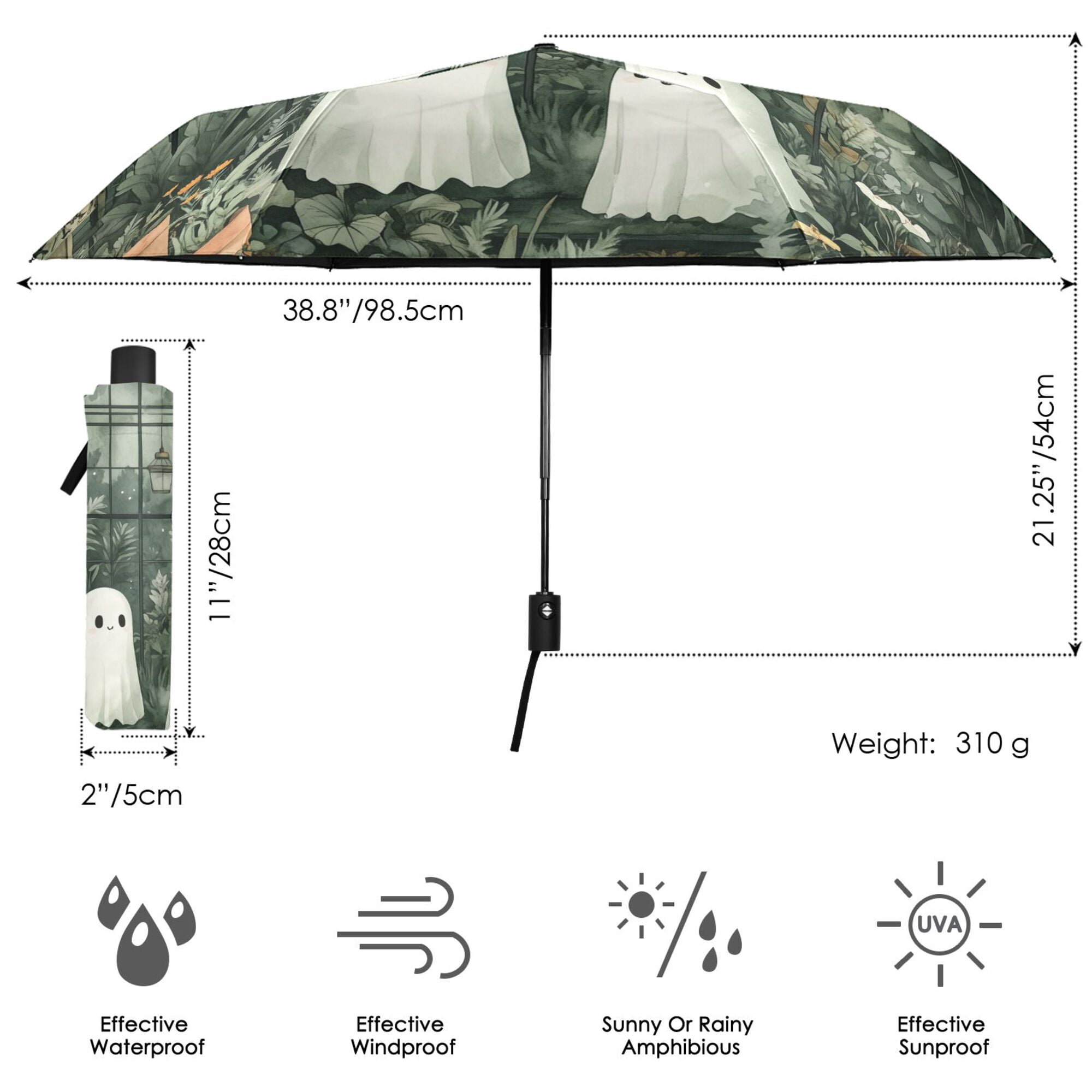 FORMRS Travel Umbrella Folding Auto Open Close Windproof Rain UV Protection, Cute Ghosts Playing
