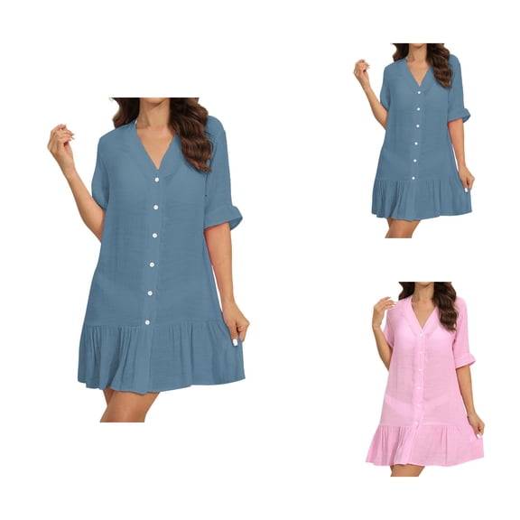 Swimsuit Coverup for Women Short Sleeve V Neck Button Down Ruffle Hem Cardigan Mini Dress Beach Cover Up