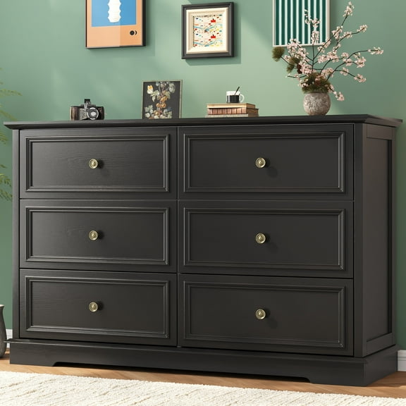 6 Drawer Dresser for Bedroom, 50.4" * 15.7" * 35.8" Retro Style Chest of Drawers, Wood Storage Double Dresser with Deep Drawers for Living Room, Hallway Entryway, Black