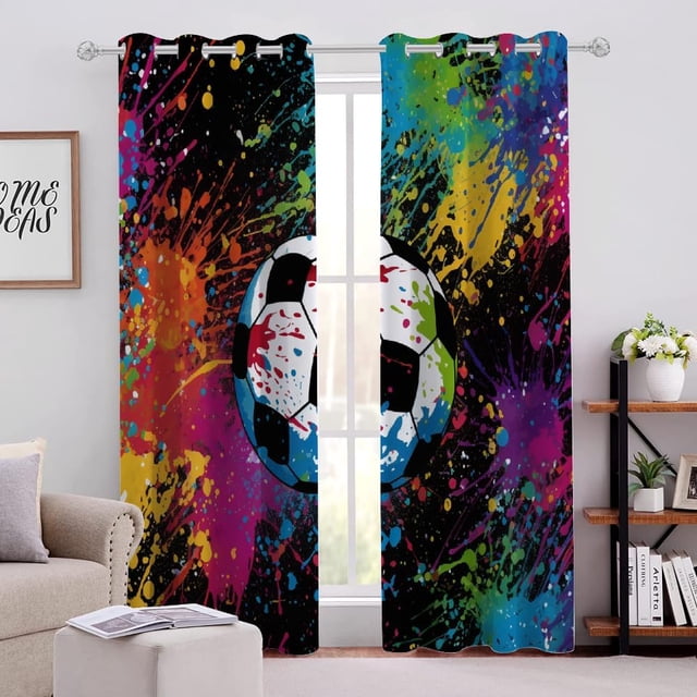 Colorful Sports Football Blackout Curtains, Multi Colored Graffiti 3D Print Pattern Curtain, Set of 2 Window Curtain Panels, Energy Saving Draperies for Living Room Bedroom Kids Room(52" W x 84 "L)