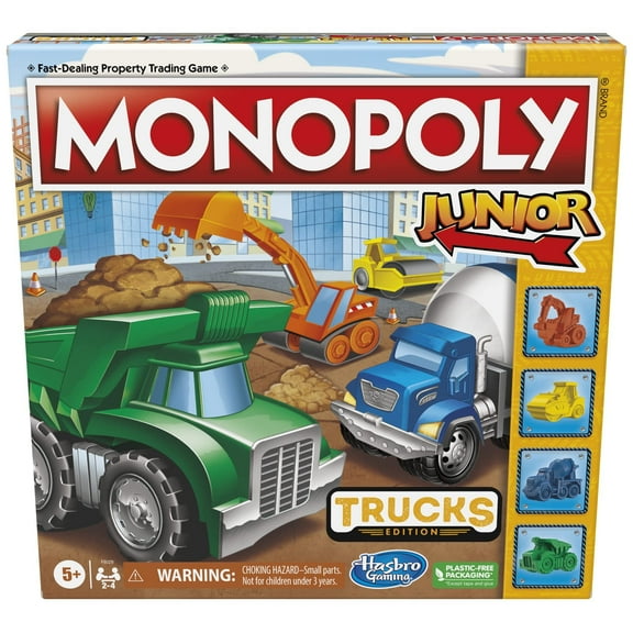Hasbro Gaming Monopoly Junior Trucks Edition Board Game for Kids Ages 5 , 2-4 Player Kids Games