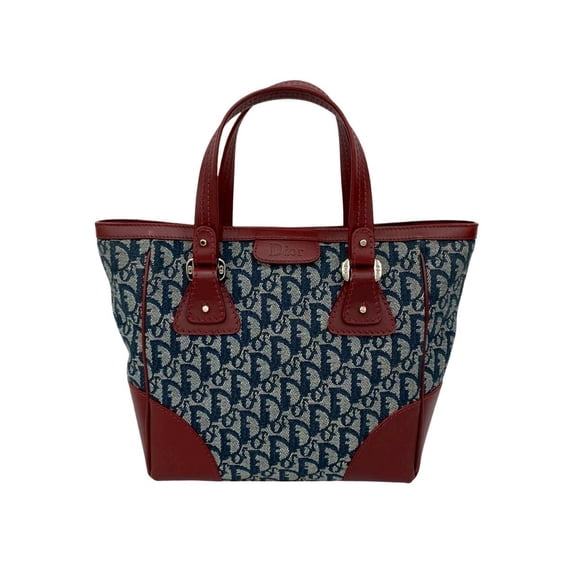 Pre-Owned Christian Dior Trotter Pattern Canvas and Leather Handbag/Tote Bag, Navy... (Good)