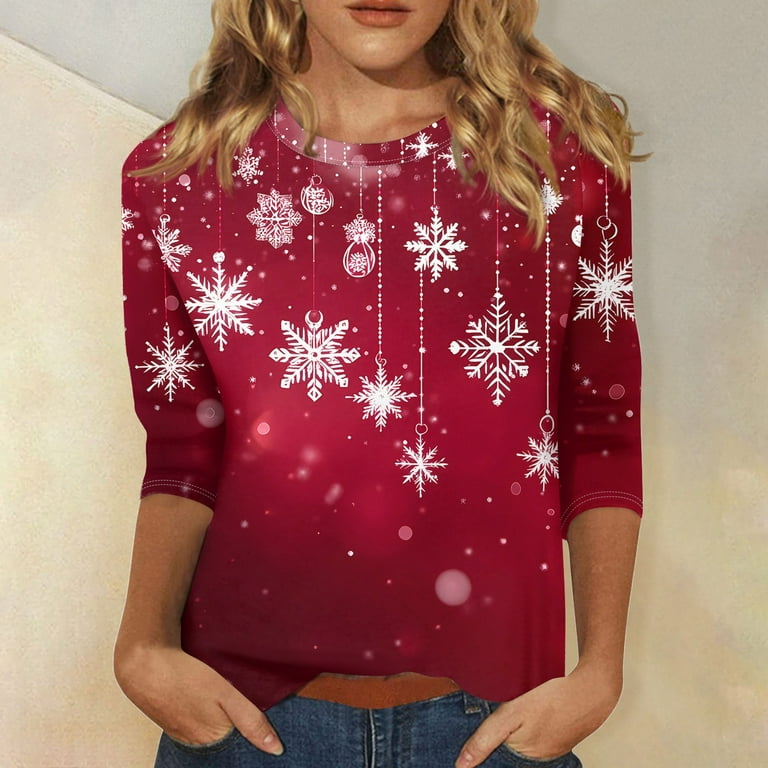 Women's Christmas 3/4 Sleeve T-Shirt Festive Red Holiday Top with